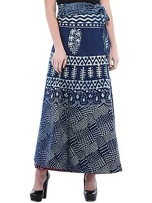 True-Navy Wrap-Around Long Skirt from Pilkhuwa with Printed Floral and Patterns