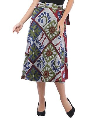 Wrap-Around Casual Stone-washed Midi Skirt with Printed Palm Trees