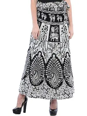 Black and White Wrap-Around Long Skirt from Pilkhuwa with Printed Paisleys and Animals
