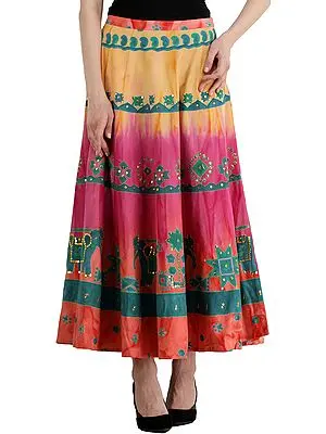 Emerglow Long Skirt with Printed Elephants and Embroidered Sequins