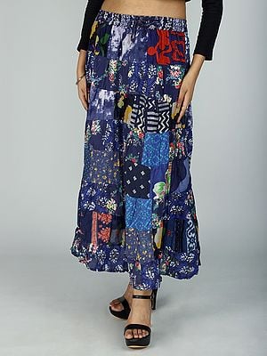 Long Printed Boho Skirt from Gujarat with Patch Work and Dori on Waist