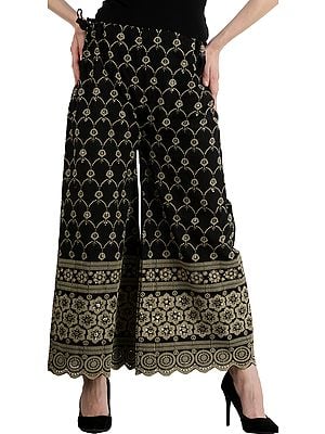 Caviar-Black Flared Phulkari Palazzos From Punjab with Embroidered Flowers and Sequins