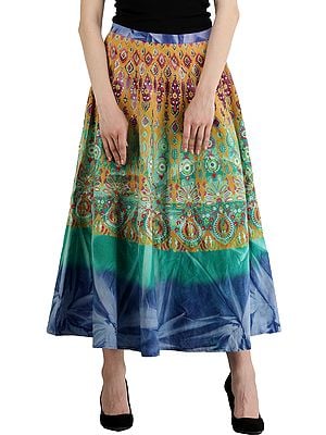 Peacock-Green Skirt with Printed Motifs and Embroidered Sequins