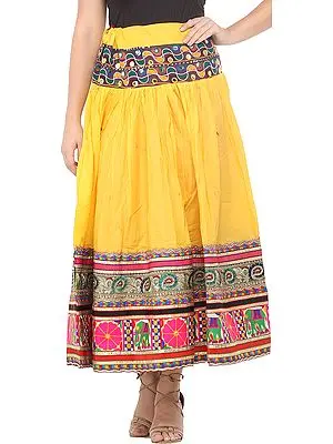 Spectram-Yellow Ghagra Skirt from Gujarat with Embroidered Florals and Elephants Patch Border