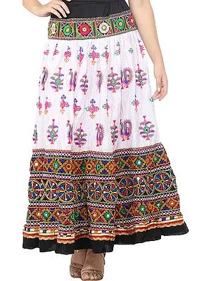 White and Black Ghagra Skirt from Kutch with Multicolor Thread Embroidered Florals  and Mirrors