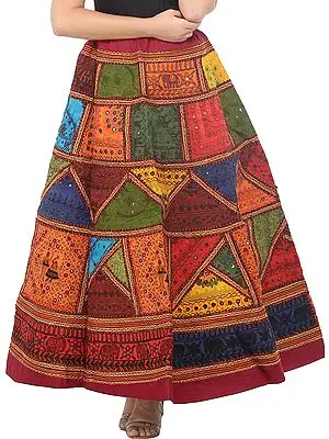 Deep-Claret Ghagra Skirt from Gujarat with Aari Embroidered Kutch Patches and Mirrors