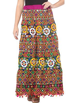 Ink-Black Ghagra Skirt from Kutch with Aari Embroidered Florals and Mirrors