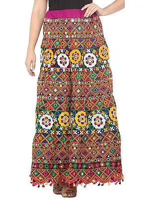 Ink-Black Ghagra Skirt from Kutch with Aari Embroidered Florals and Mirrors