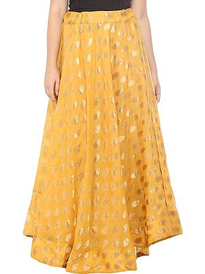 Artisan's Gold Long Skirt from Gujarat with Zari Woven Golden Bootis All-Over