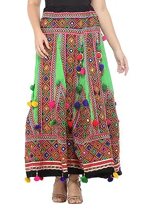 Classic-Green Ghagra Skirt from Gujarat with Embroidered Kutch Patches and Hanging Pompoms
