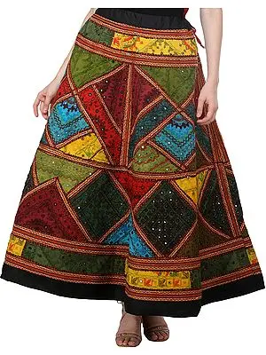 Phantom-Black Ghagra Skirt from Gujarat with Aari Embroidered Kutch Patches and Mirrors
