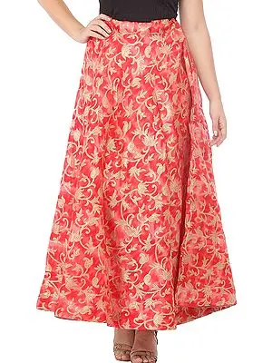 Tomato-Red Kora-Cotton Tie-Dye Long Skirt from Gujarat with Printed Golden Florals