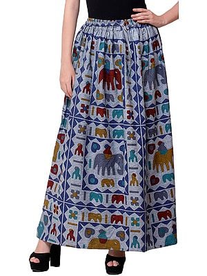 Stone-Washed Long Elastic Skirt with Printed Elephants