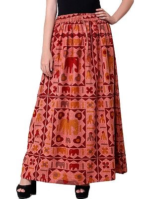 Stone-Washed Long Elastic Skirt with Printed Elephants