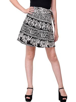 Black and White Wrap-Around Mini Skirt with Animal Prints