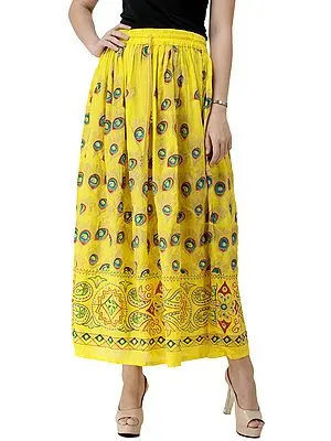 Long Skirt with Printed Peacock Feathers