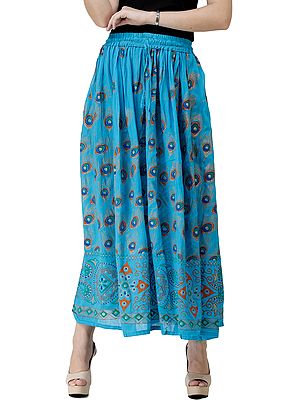 Long Skirt with Printed Peacock Feathers