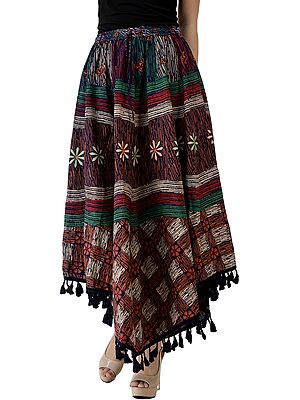 Printed Fish-Cut  Skirt with Tassels on Border