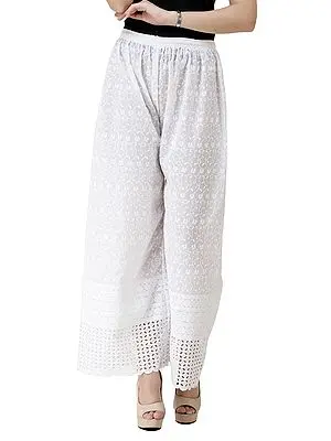 Bright White Crochet Embroidered Palazzo Trousers with Cut Work on Border