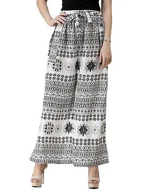 Black and White Palazzo Trousers with Printed Flowers and Side Pockets