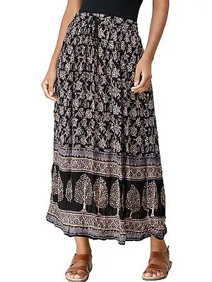 Caviar-Black Elastic Long Skirt with Printed Florals and Trees