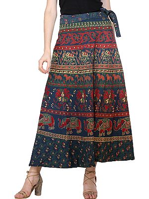 Design-Blue Wrap-Around Long Floral Skirt with Printed Elephants, Camels and Horses