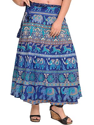 Ensign-Blue Wrap-Around Skirt with Printed Elephants and Deers