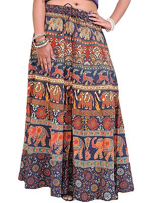 Long Sanganeri Printed Skirt with Elephants and Deers