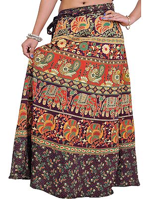 Wrap-On Long Skirt from Pilkhuwa with Printed Paisleys and Elephants