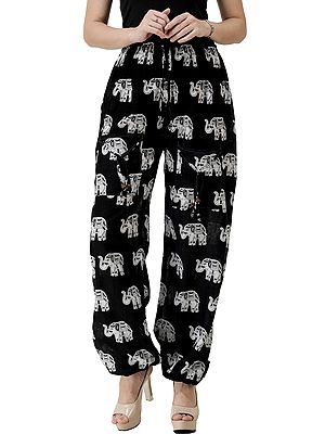 Yoga Trousers with Printed Elephants and Front Pockets