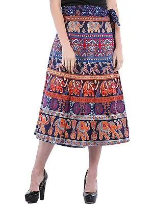 Wrap-Around Sanganeri Skirt with Printed Elephants and Deers