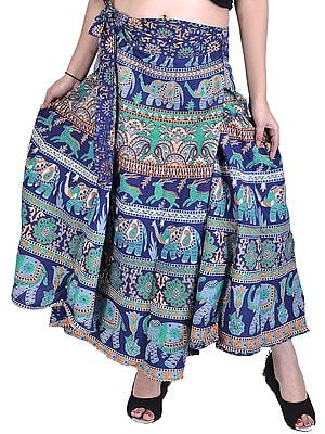 Wrap-Around Sanganeri Skirt with Printed Elephants and Deers