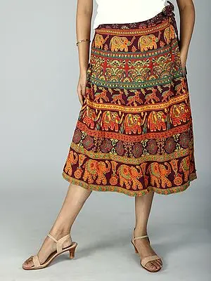 Wrap-Around Sanganeri Skirt with Printed Elephants and Deers