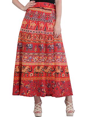Wrap-On Long Skirt with Printed Elephants and Camels