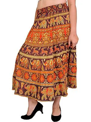 Stone-Brown Sanganeri Midi Skirt with Printed Elephants and Deers