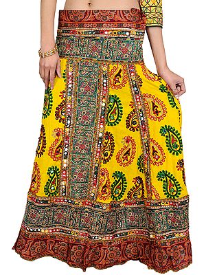 Lemon-Chrome Ghagra Skirt form Rajasthan with Printed Paisley and Large Sequins