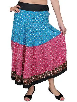 Blue and Pink Long Skirt with Beadwork