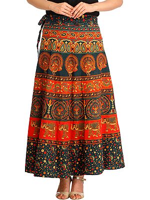 Sanganeri Wrap-Around Long Skirt with Printed Peacocks and Elephants