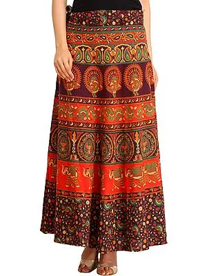 Sanganeri Wrap-Around Long Skirt with Printed Peacocks and Elephants