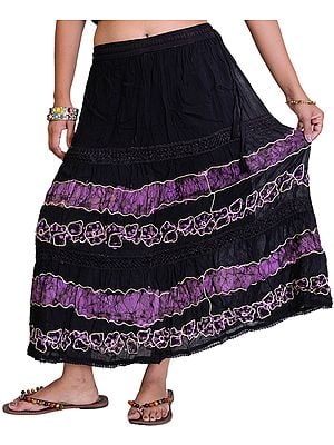 Long Embroidered Skirt with Batik Print and Lace