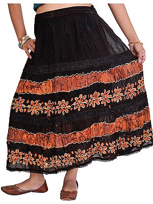Georgette Long Embroidered Skirt with Batik Print and Lace