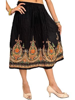 Midi-skirt with Printed Flowers Embellished with Sequins