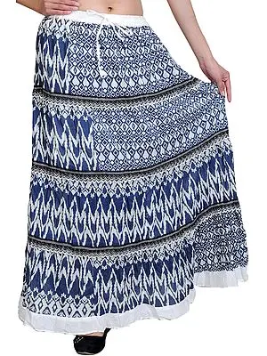 Mood-Indigo Long Skirt with Ikat Print and Lace
