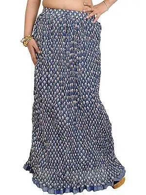 Moonlight-Blue Crushed Elastic Skirt with Printed Flowers and Gota Border