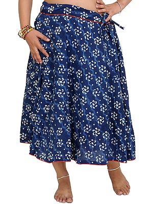 True-Navy Drawstring Midi Skirt with Bagdoo Printed Flowers and Piping