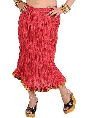 Garnet-Rose Elastic Midi Crinkled Skirt with Printed Paisleys and Gota Border