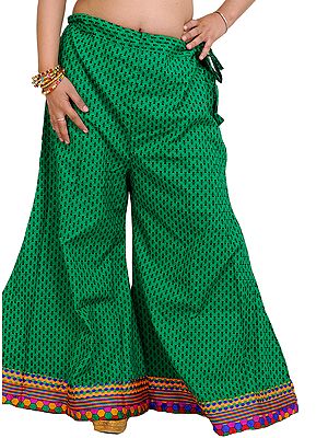 Deep-Mint Palazzo Pants from Pilkhuwa with Printed Bootis and Patch Border