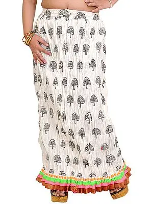 Snow-White Crushed Elastic Long Skirt with Printed Trees and Gota Border