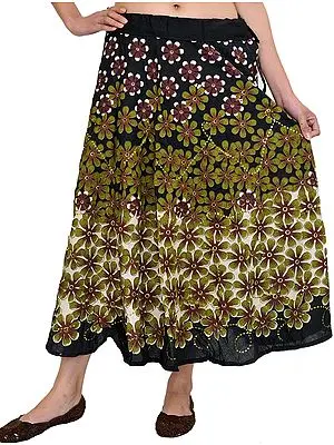 Black Midi-Skirt with Printed Flowers and Embroidered Sequins