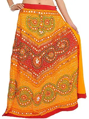 Blazing Orange and Maroon Long Ghagra Skirt from Jaipur with Faux Pearl and Sequins